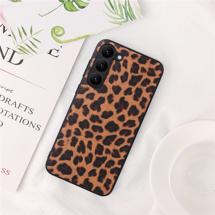 For Samsung Galaxy S23 Textured PU Leather Hybrid Slim Case Soft TPU Hard PC Protective Phone COVER with Ultra Fibrillar Lining - Leopard