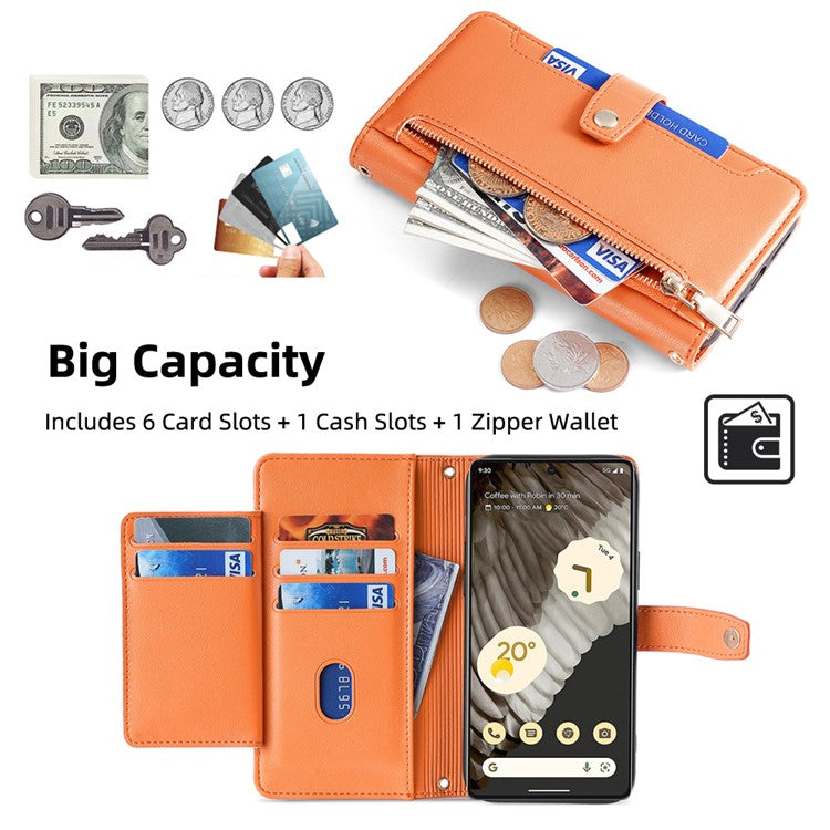For Google Pixel 7 Pro 5G Textured PU Leather Zipper Pocket Flip Folio Case Multiple Card Slots Wallet Stand Wallet Phone Cover with Wrist Strap and Shoulder Strap - Orange