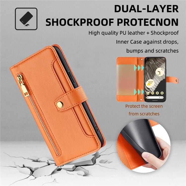 For Google Pixel 7 Pro 5G Textured PU Leather Zipper Pocket Flip Folio Case Multiple Card Slots Wallet Stand Wallet Phone Cover with Wrist Strap and Shoulder Strap - Orange