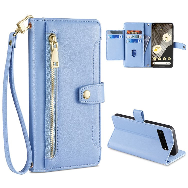 For Google Pixel 7 Pro 5G Textured PU Leather Zipper Pocket Flip Folio Case Multiple Card Slots Wallet Stand Wallet Phone Cover with Wrist Strap and Shoulder Strap - Blue