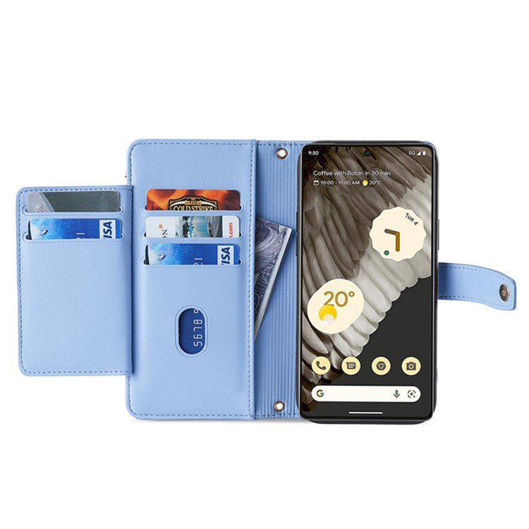 For Google Pixel 7 Pro 5G Textured PU Leather Zipper Pocket Flip Folio Case Multiple Card Slots Wallet Stand Wallet Phone Cover with Wrist Strap and Shoulder Strap - Blue