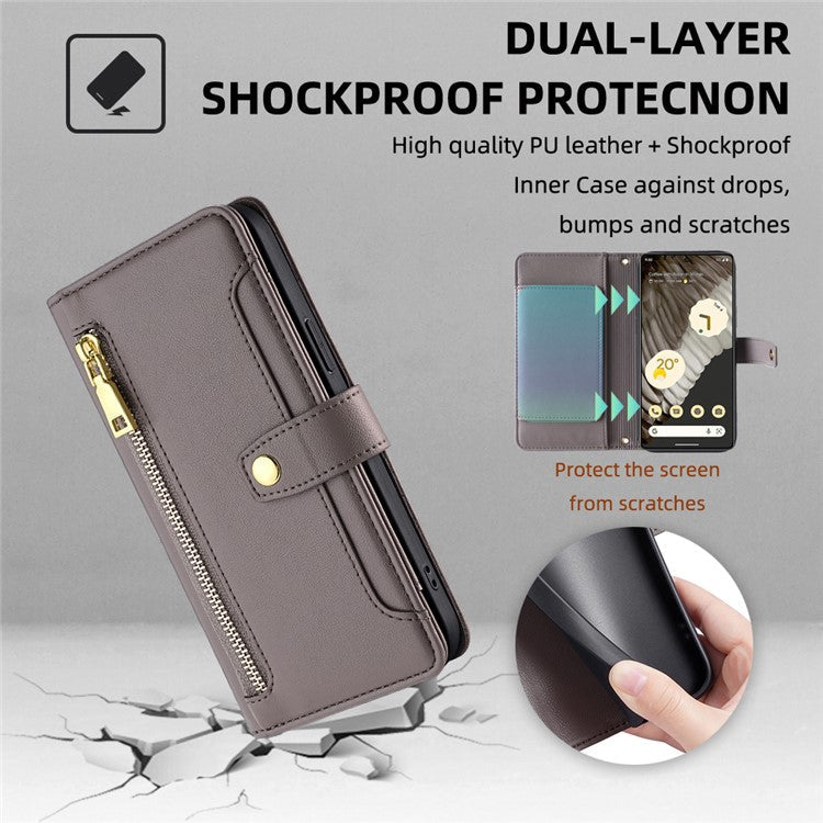 For Google Pixel 7 Pro 5G Textured PU Leather Zipper Pocket Flip Folio Case Multiple Card Slots Wallet Stand Wallet Phone Cover with Wrist Strap and Shoulder Strap - Grey