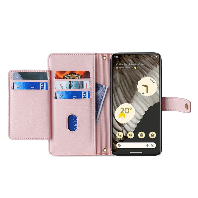 For Google Pixel 7 Pro 5G Textured PU Leather Zipper Pocket Flip Folio Case Multiple Card Slots Wallet Stand Wallet Phone Cover with Wrist Strap and Shoulder Strap - Pink