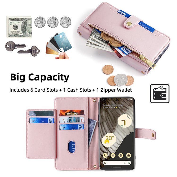 For Google Pixel 7 Pro 5G Textured PU Leather Zipper Pocket Flip Folio Case Multiple Card Slots Wallet Stand Wallet Phone Cover with Wrist Strap and Shoulder Strap - Pink