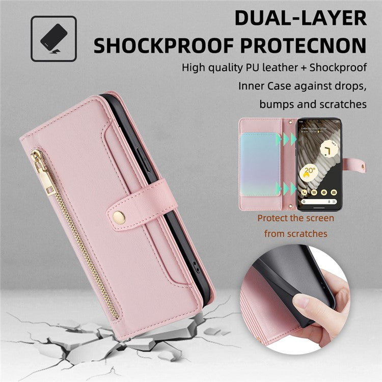 For Google Pixel 7 Pro 5G Textured PU Leather Zipper Pocket Flip Folio Case Multiple Card Slots Wallet Stand Wallet Phone Cover with Wrist Strap and Shoulder Strap - Pink