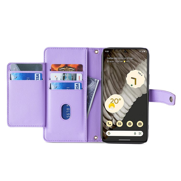 For Google Pixel 7 Pro 5G Textured PU Leather Zipper Pocket Flip Folio Case Multiple Card Slots Wallet Stand Wallet Phone Cover with Wrist Strap and Shoulder Strap - Purple