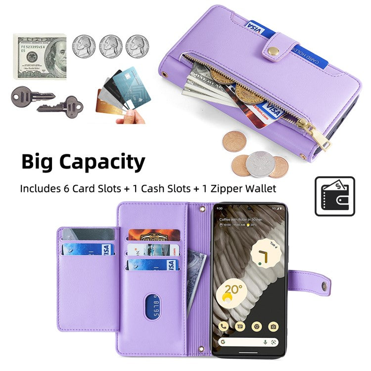 For Google Pixel 7 Pro 5G Textured PU Leather Zipper Pocket Flip Folio Case Multiple Card Slots Wallet Stand Wallet Phone Cover with Wrist Strap and Shoulder Strap - Purple