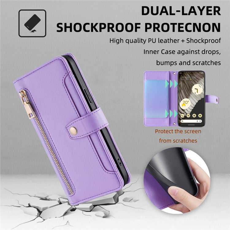 For Google Pixel 7 Pro 5G Textured PU Leather Zipper Pocket Flip Folio Case Multiple Card Slots Wallet Stand Wallet Phone Cover with Wrist Strap and Shoulder Strap - Purple