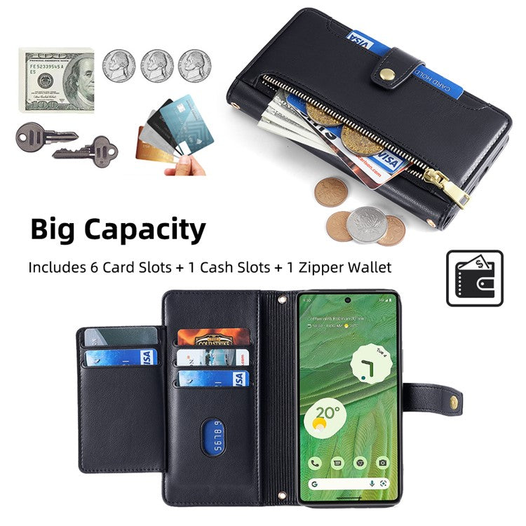 For Google Pixel 7 5G Textured PU Leather Zipper Pocket Wallet Phone Case Stand Multiple Card Slots Magnetic Closure Cover with Wrist Strap and Shoulder Strap - Black