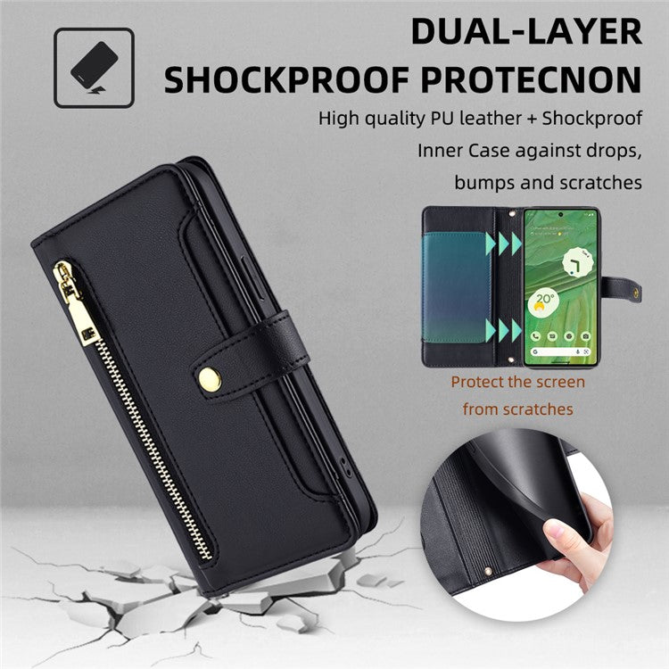 For Google Pixel 7 5G Textured PU Leather Zipper Pocket Wallet Phone Case Stand Multiple Card Slots Magnetic Closure Cover with Wrist Strap and Shoulder Strap - Black