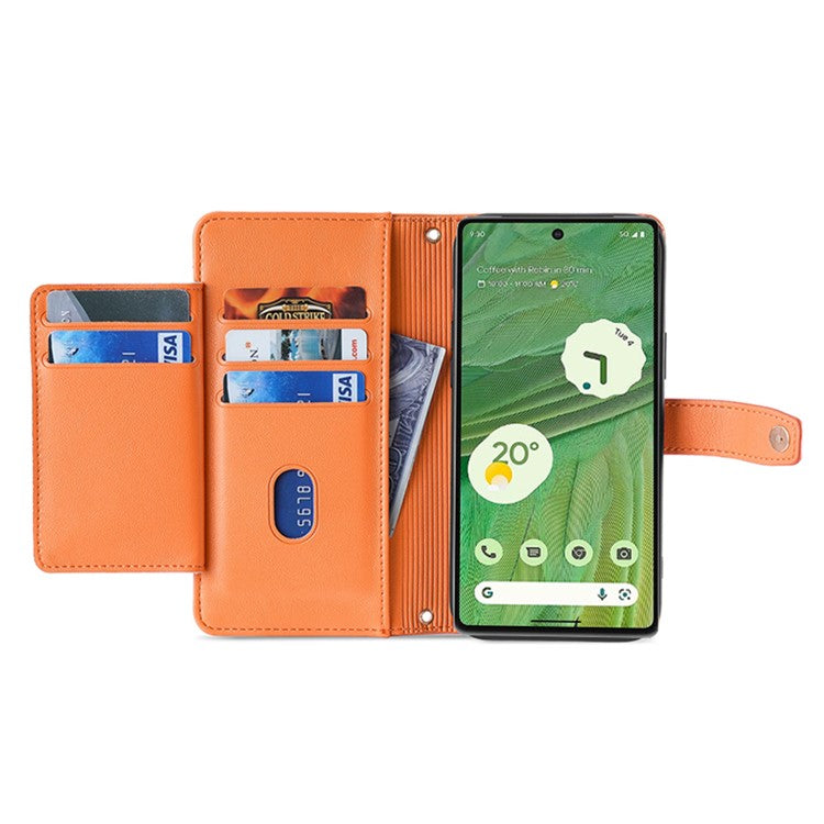 For Google Pixel 7 5G Textured PU Leather Zipper Pocket Wallet Phone Case Stand Multiple Card Slots Magnetic Closure Cover with Wrist Strap and Shoulder Strap - Orange