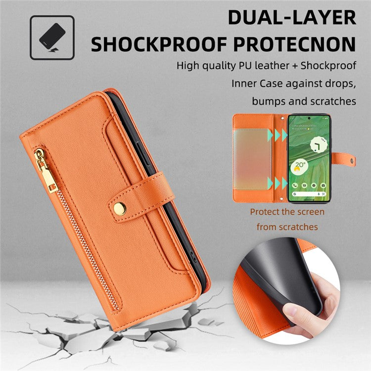 For Google Pixel 7 5G Textured PU Leather Zipper Pocket Wallet Phone Case Stand Multiple Card Slots Magnetic Closure Cover with Wrist Strap and Shoulder Strap - Orange