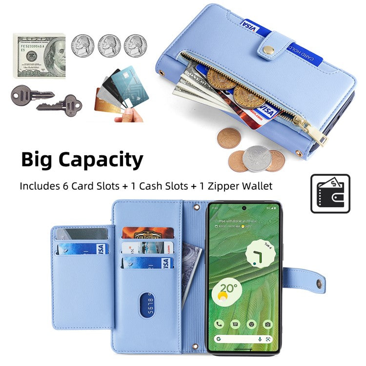 For Google Pixel 7 5G Textured PU Leather Zipper Pocket Wallet Phone Case Stand Multiple Card Slots Magnetic Closure Cover with Wrist Strap and Shoulder Strap - Blue