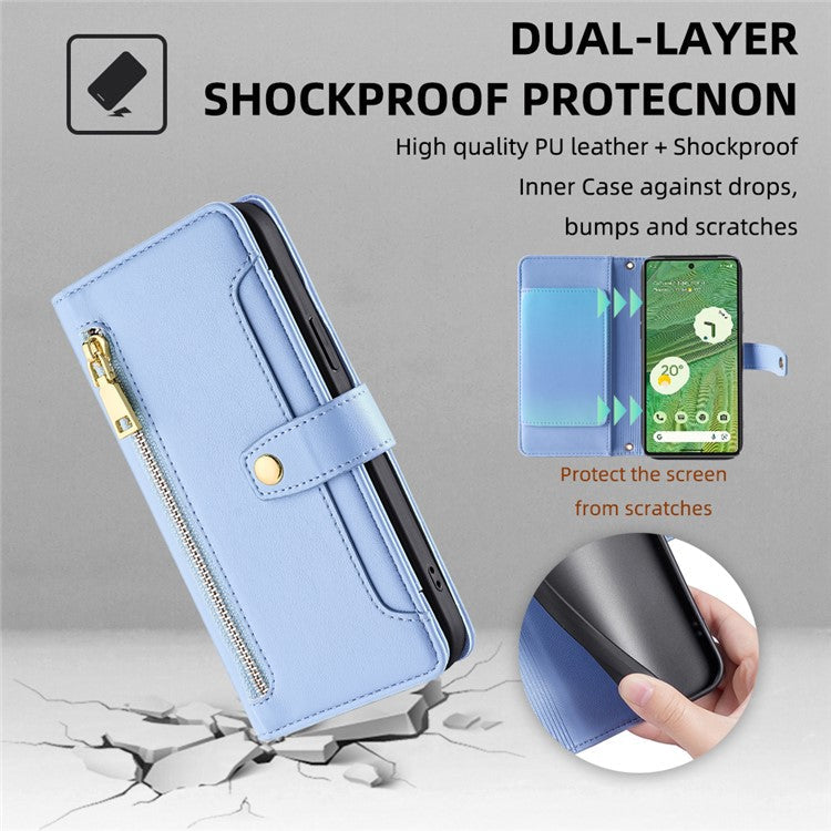 For Google Pixel 7 5G Textured PU Leather Zipper Pocket Wallet Phone Case Stand Multiple Card Slots Magnetic Closure Cover with Wrist Strap and Shoulder Strap - Blue