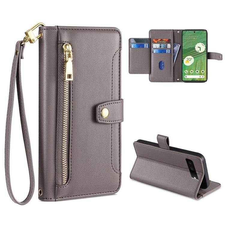 For Google Pixel 7 5G Textured PU Leather Zipper Pocket Wallet Phone Case Stand Multiple Card Slots Magnetic Closure Cover with Wrist Strap and Shoulder Strap - Grey