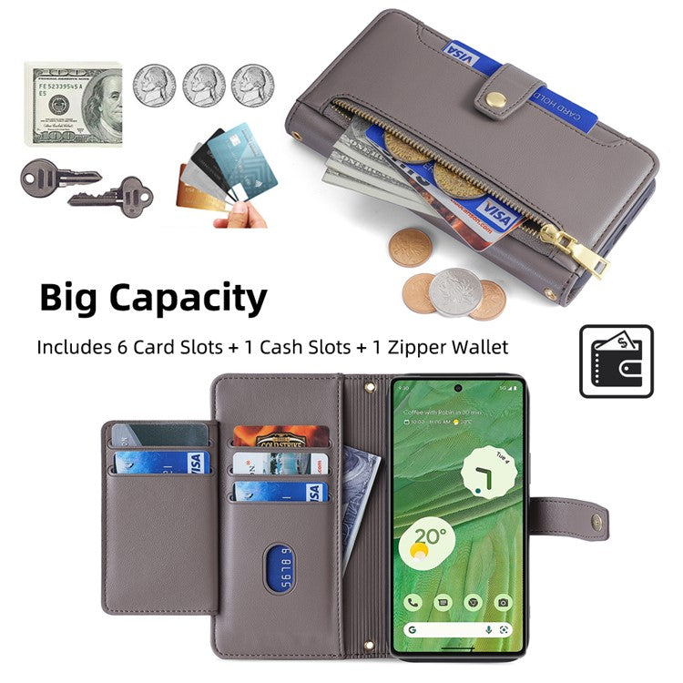 For Google Pixel 7 5G Textured PU Leather Zipper Pocket Wallet Phone Case Stand Multiple Card Slots Magnetic Closure Cover with Wrist Strap and Shoulder Strap - Grey