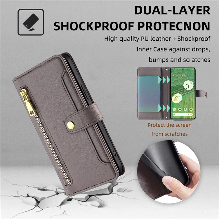 For Google Pixel 7 5G Textured PU Leather Zipper Pocket Wallet Phone Case Stand Multiple Card Slots Magnetic Closure Cover with Wrist Strap and Shoulder Strap - Grey
