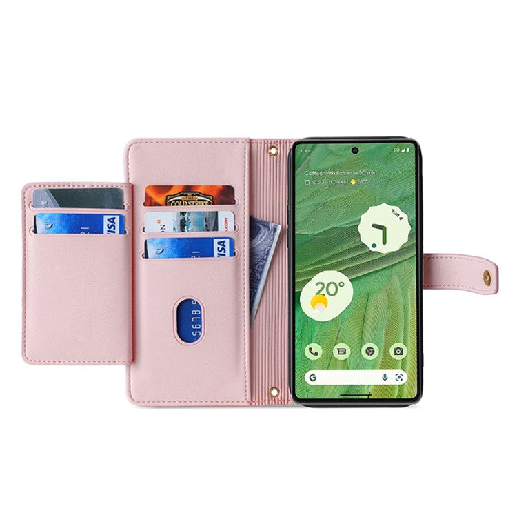 For Google Pixel 7 5G Textured PU Leather Zipper Pocket Wallet Phone Case Stand Multiple Card Slots Magnetic Closure Cover with Wrist Strap and Shoulder Strap - Pink