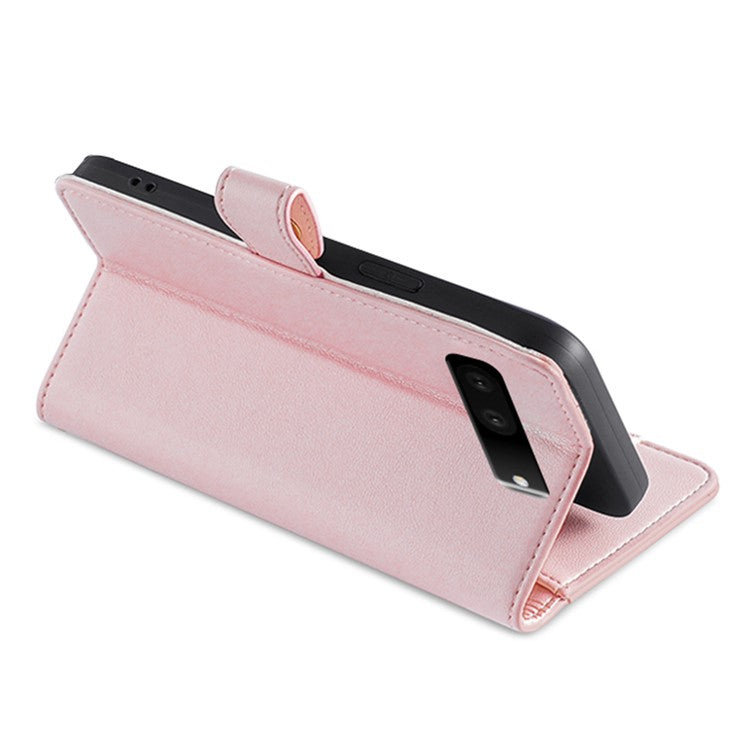 For Google Pixel 7 5G Textured PU Leather Zipper Pocket Wallet Phone Case Stand Multiple Card Slots Magnetic Closure Cover with Wrist Strap and Shoulder Strap - Pink