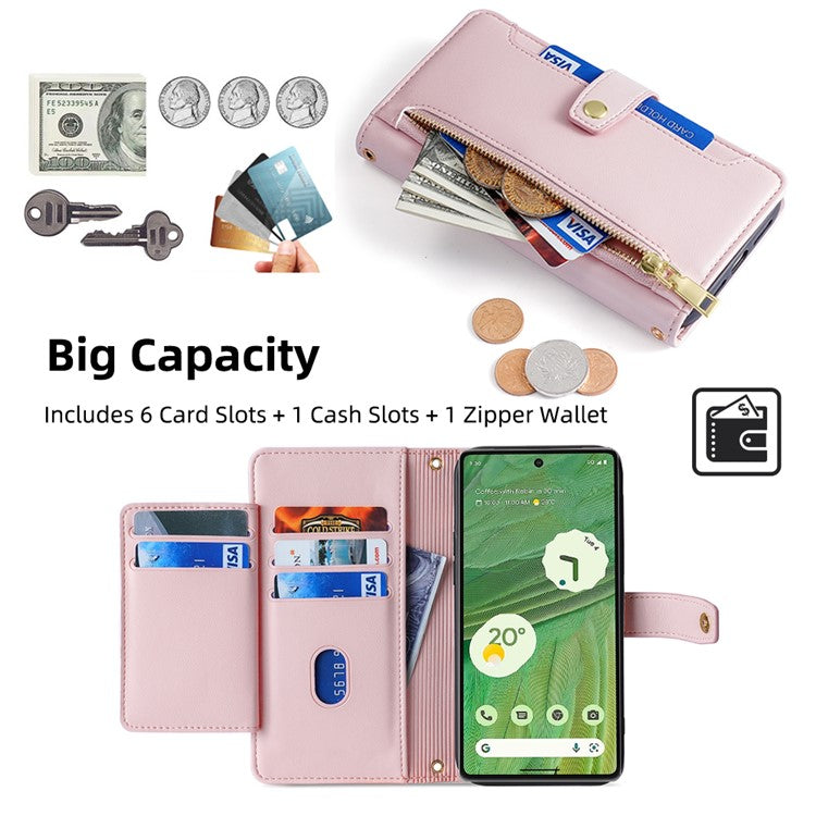 For Google Pixel 7 5G Textured PU Leather Zipper Pocket Wallet Phone Case Stand Multiple Card Slots Magnetic Closure Cover with Wrist Strap and Shoulder Strap - Pink