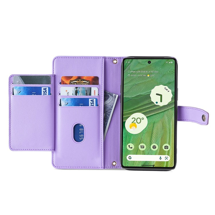 For Google Pixel 7 5G Textured PU Leather Zipper Pocket Wallet Phone Case Stand Multiple Card Slots Magnetic Closure Cover with Wrist Strap and Shoulder Strap - Purple