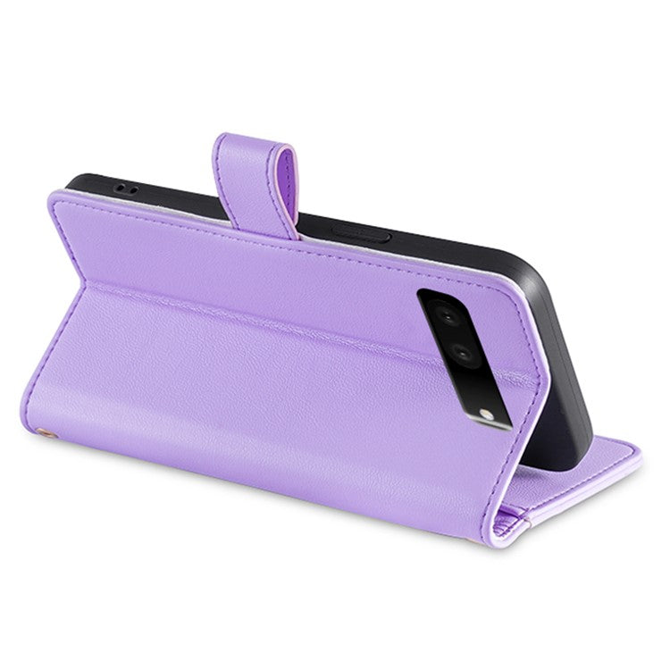 For Google Pixel 7 5G Textured PU Leather Zipper Pocket Wallet Phone Case Stand Multiple Card Slots Magnetic Closure Cover with Wrist Strap and Shoulder Strap - Purple