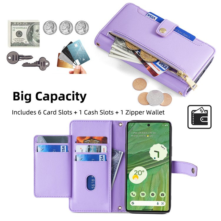 For Google Pixel 7 5G Textured PU Leather Zipper Pocket Wallet Phone Case Stand Multiple Card Slots Magnetic Closure Cover with Wrist Strap and Shoulder Strap - Purple