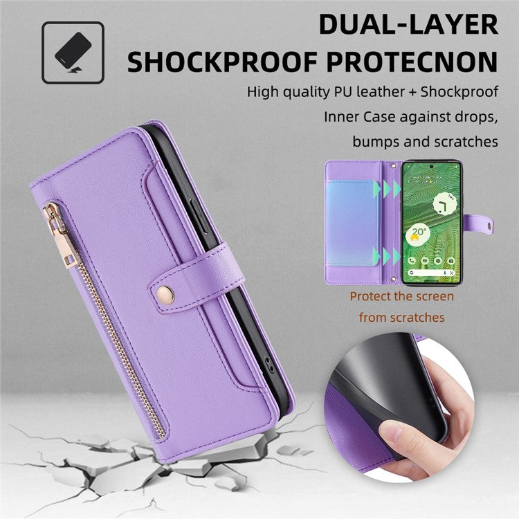 For Google Pixel 7 5G Textured PU Leather Zipper Pocket Wallet Phone Case Stand Multiple Card Slots Magnetic Closure Cover with Wrist Strap and Shoulder Strap - Purple