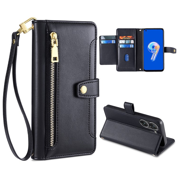 For Asus Zenfone 9 5G Zipper Pocket PU Leather Stand Case Card Slots Flip Phone Cover with Wrist Strap and Shoulder Strap - Black