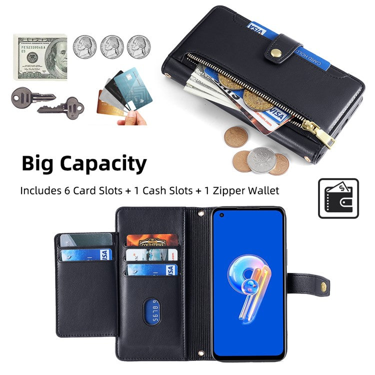 For Asus Zenfone 9 5G Zipper Pocket PU Leather Stand Case Card Slots Flip Phone Cover with Wrist Strap and Shoulder Strap - Black
