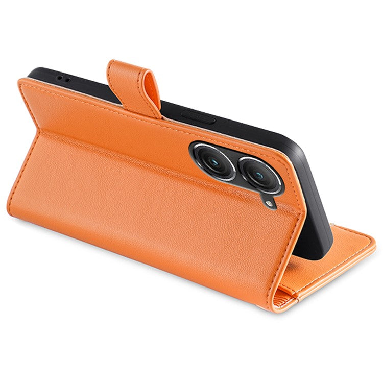 For Asus Zenfone 9 5G Zipper Pocket PU Leather Stand Case Card Slots Flip Phone Cover with Wrist Strap and Shoulder Strap - Orange