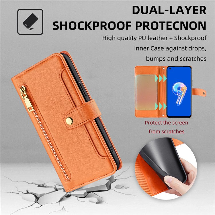 For Asus Zenfone 9 5G Zipper Pocket PU Leather Stand Case Card Slots Flip Phone Cover with Wrist Strap and Shoulder Strap - Orange