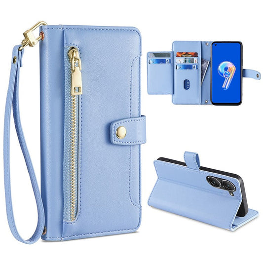 For Asus Zenfone 9 5G Zipper Pocket PU Leather Stand Case Card Slots Flip Phone Cover with Wrist Strap and Shoulder Strap - Blue