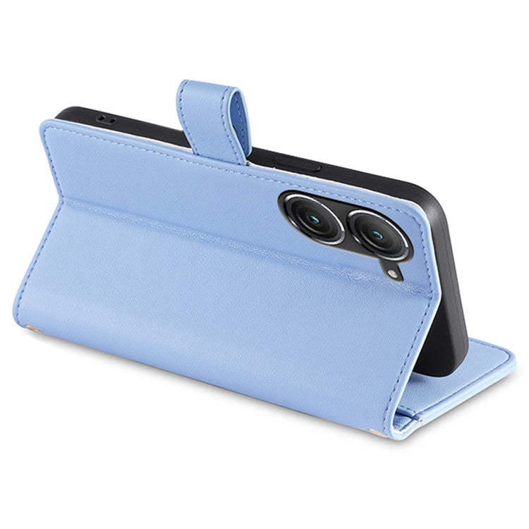 For Asus Zenfone 9 5G Zipper Pocket PU Leather Stand Case Card Slots Flip Phone Cover with Wrist Strap and Shoulder Strap - Blue