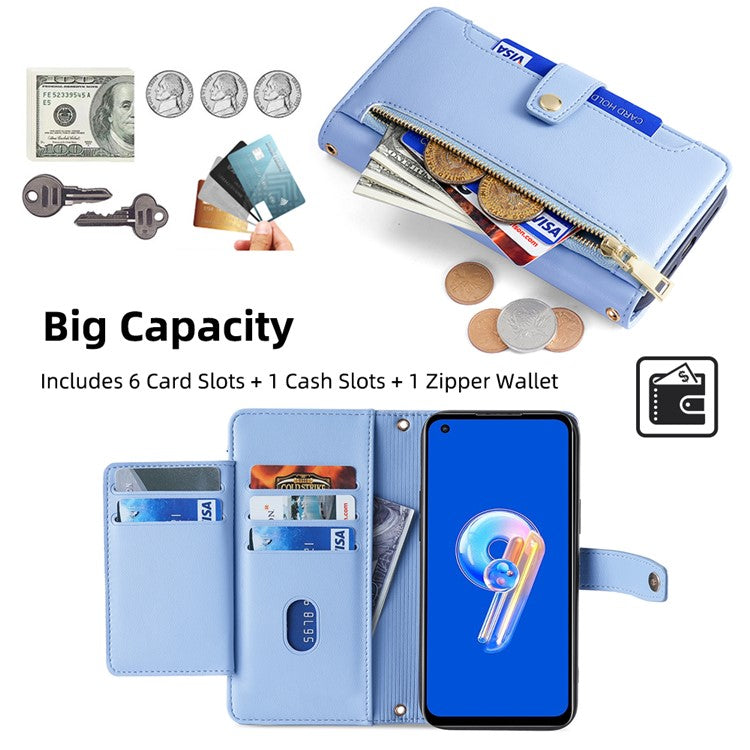 For Asus Zenfone 9 5G Zipper Pocket PU Leather Stand Case Card Slots Flip Phone Cover with Wrist Strap and Shoulder Strap - Blue