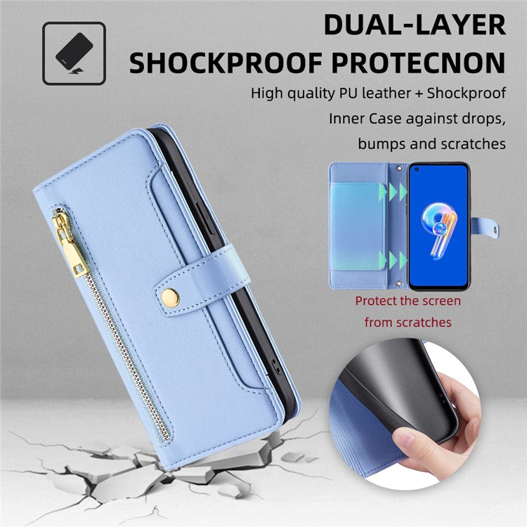 For Asus Zenfone 9 5G Zipper Pocket PU Leather Stand Case Card Slots Flip Phone Cover with Wrist Strap and Shoulder Strap - Blue