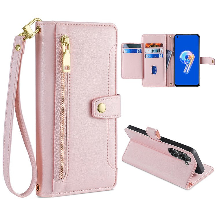 For Asus Zenfone 9 5G Zipper Pocket PU Leather Stand Case Card Slots Flip Phone Cover with Wrist Strap and Shoulder Strap - Pink