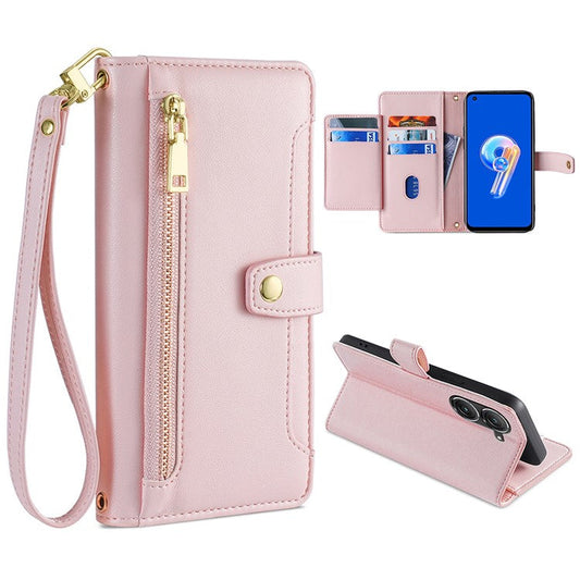For Asus Zenfone 9 5G Zipper Pocket PU Leather Stand Case Card Slots Flip Phone Cover with Wrist Strap and Shoulder Strap - Pink