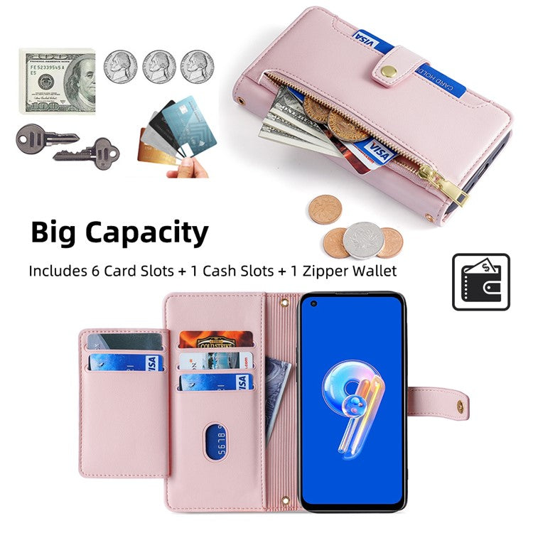 For Asus Zenfone 9 5G Zipper Pocket PU Leather Stand Case Card Slots Flip Phone Cover with Wrist Strap and Shoulder Strap - Pink