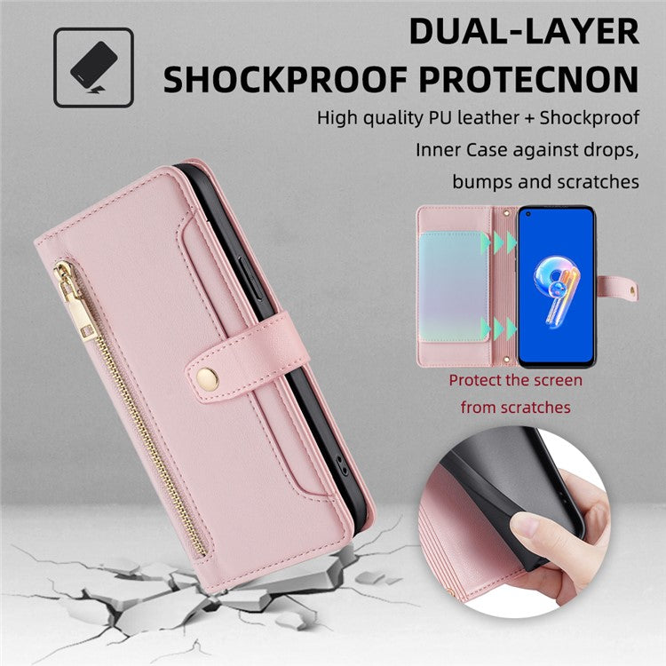 For Asus Zenfone 9 5G Zipper Pocket PU Leather Stand Case Card Slots Flip Phone Cover with Wrist Strap and Shoulder Strap - Pink