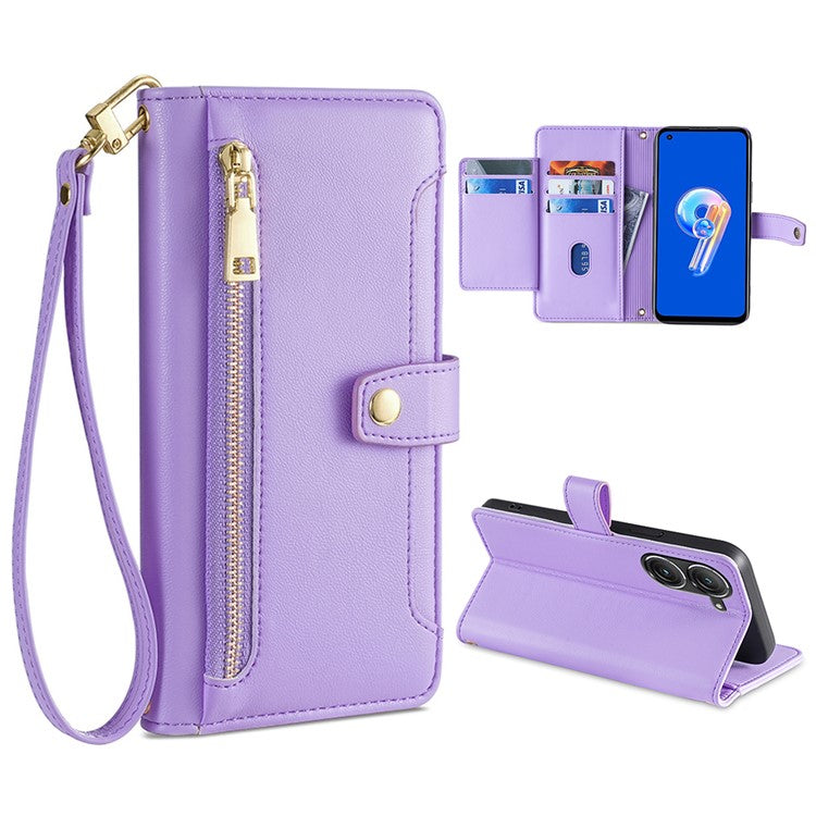 For Asus Zenfone 9 5G Zipper Pocket PU Leather Stand Case Card Slots Flip Phone Cover with Wrist Strap and Shoulder Strap - Purple