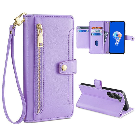 For Asus Zenfone 9 5G Zipper Pocket PU Leather Stand Case Card Slots Flip Phone Cover with Wrist Strap and Shoulder Strap - Purple