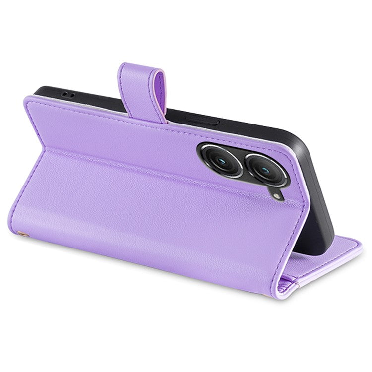 For Asus Zenfone 9 5G Zipper Pocket PU Leather Stand Case Card Slots Flip Phone Cover with Wrist Strap and Shoulder Strap - Purple