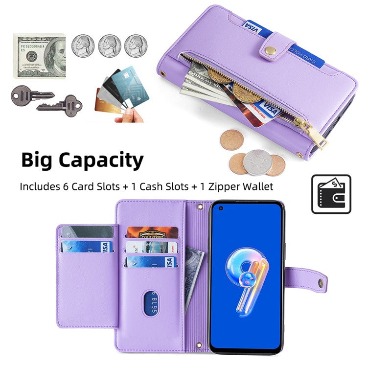 For Asus Zenfone 9 5G Zipper Pocket PU Leather Stand Case Card Slots Flip Phone Cover with Wrist Strap and Shoulder Strap - Purple