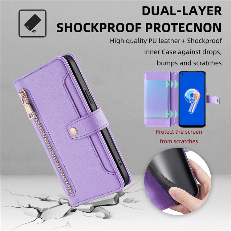 For Asus Zenfone 9 5G Zipper Pocket PU Leather Stand Case Card Slots Flip Phone Cover with Wrist Strap and Shoulder Strap - Purple