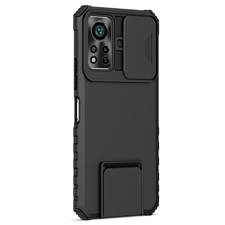 For Infinix Hot 11s NFC 4G Slide Camera Protection Anti-Fall Cell Phone Shell Kickstand PC + TPU Hybrid Cover Phone Case - Black