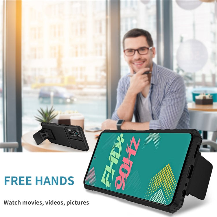 For Infinix Hot 11s NFC 4G Slide Camera Protection Anti-Fall Cell Phone Shell Kickstand PC + TPU Hybrid Cover Phone Case - Black