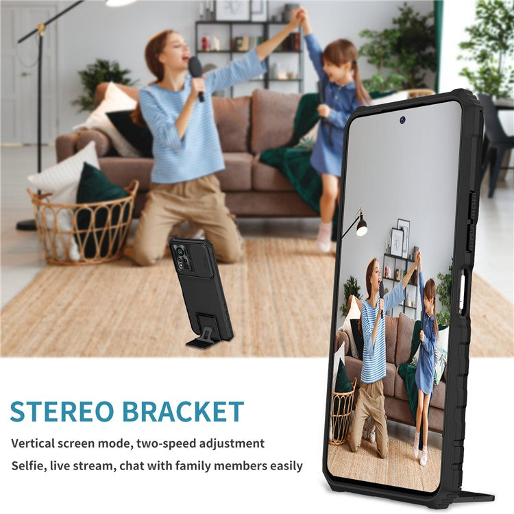 For Infinix Hot 11s NFC 4G Slide Camera Protection Anti-Fall Cell Phone Shell Kickstand PC + TPU Hybrid Cover Phone Case - Black