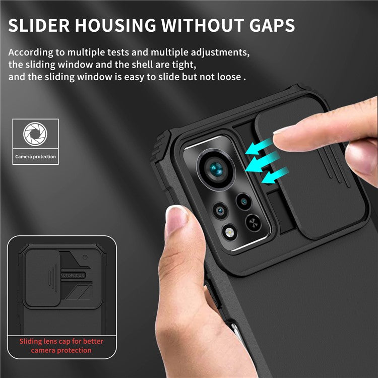 For Infinix Hot 11s NFC 4G Slide Camera Protection Anti-Fall Cell Phone Shell Kickstand PC + TPU Hybrid Cover Phone Case - Black