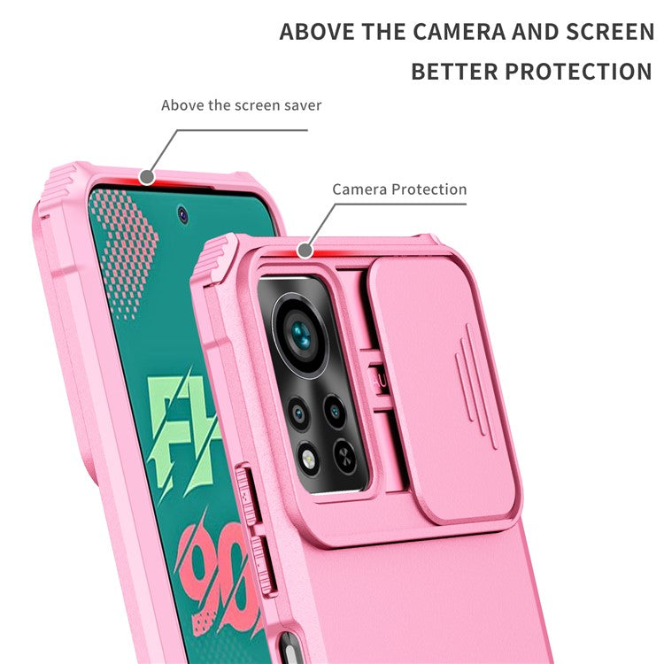 For Infinix Hot 11s NFC 4G Slide Camera Protection Anti-Fall Cell Phone Shell Kickstand PC + TPU Hybrid Cover Phone Case - Pink